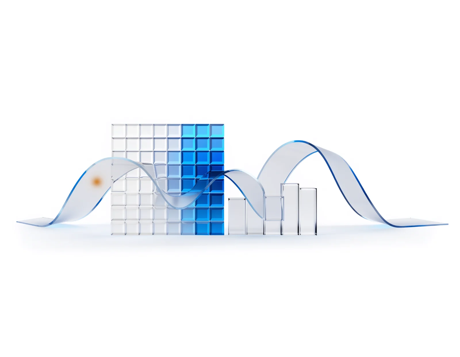 A grid of small glass tiles graded from white to blue forming a quiet heatmap, a row of four glass bars beside it, and three glass ribbons curving between them.