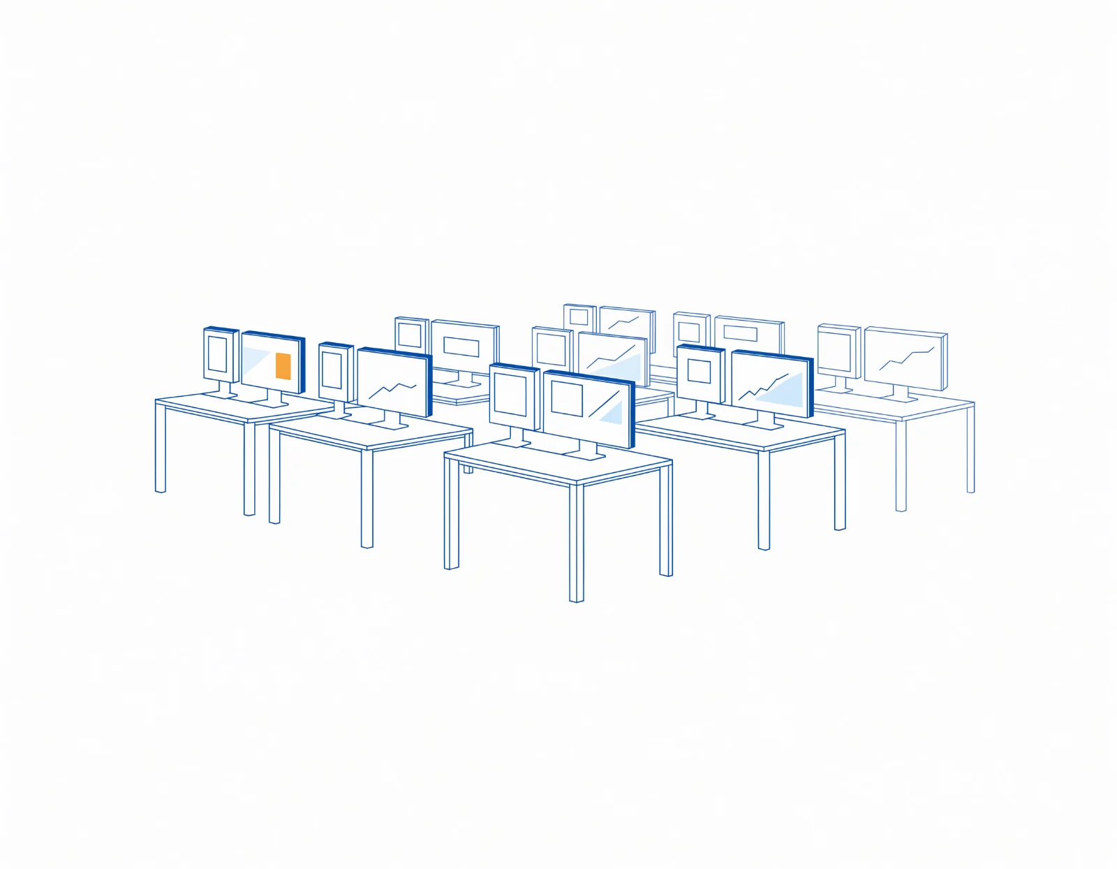 Line drawing of rows of trading desks with monitors.
