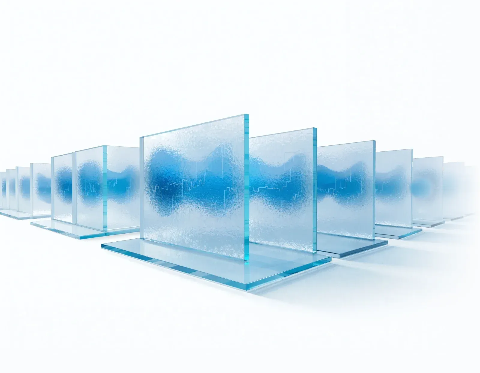 Rows of translucent glass panes on a white ground, dissolving into the page