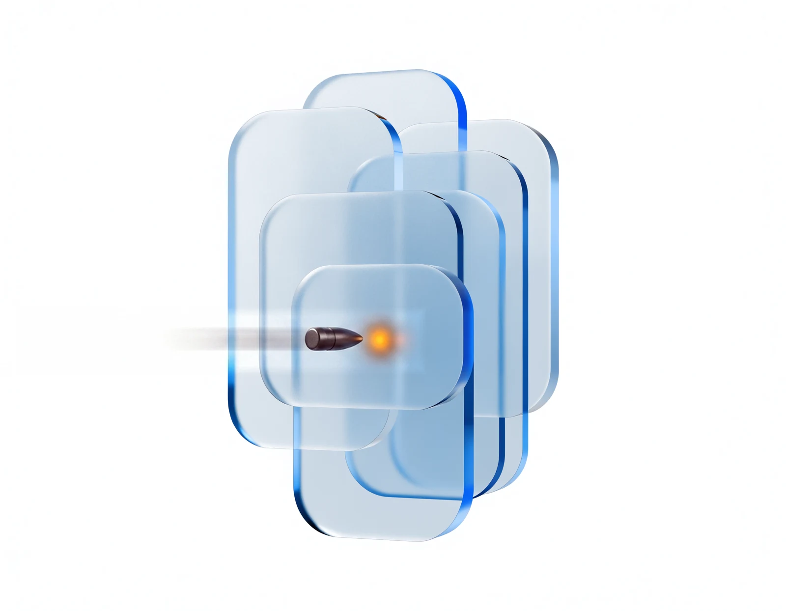 Trade Guard: solid glass pane stopping a bullet, illustration