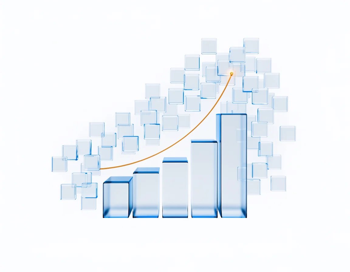 Digital advertising for prop firms: ascending glass bars with an amber growth arc, illustration